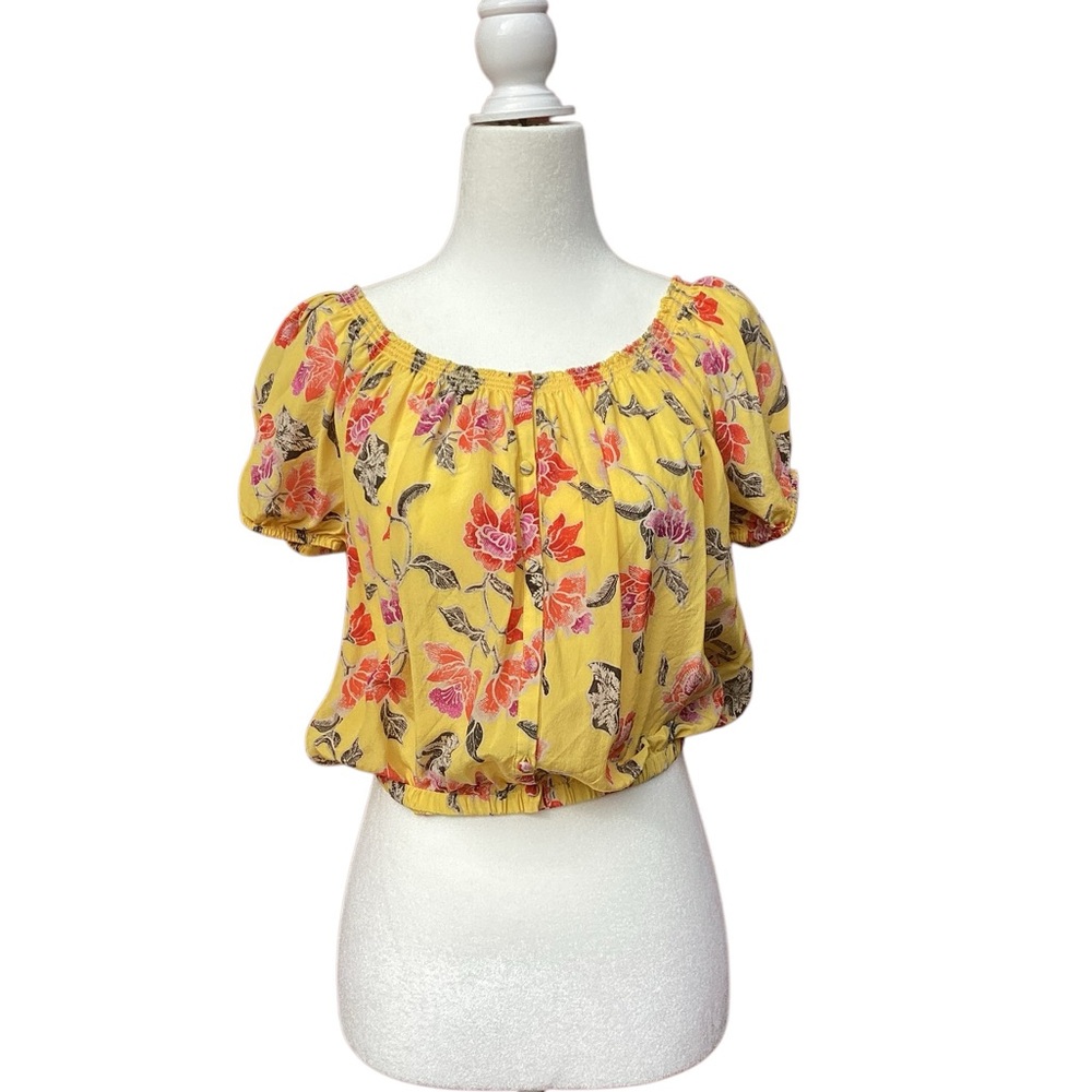 Joie Derfuta Off-the-shoulder Short-sleeve Floral-print Silk Top In Pineapple